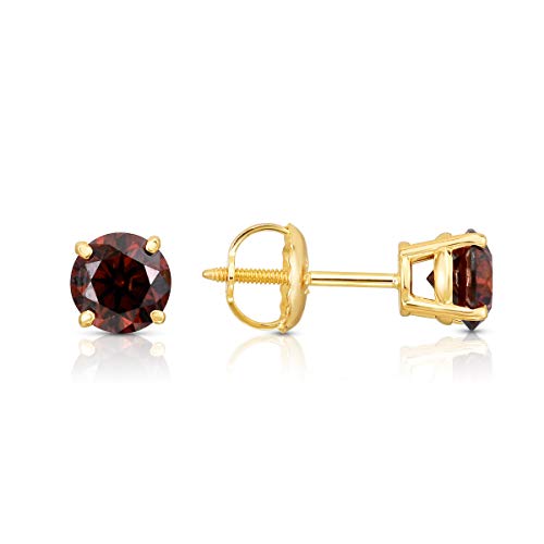 14K Yellow Gold and Red Diamond Stud Earrings for Women, Screw back finding, Hypoallergenic, Gift Ready Packaging