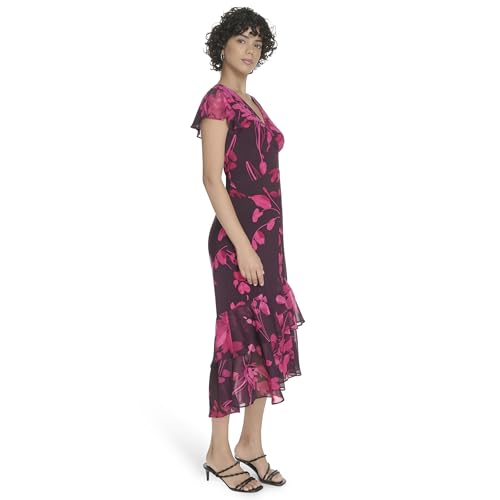 Image of Tommy Hilfiger Women's Flutter Sleeve V-Neck Ruffle Trim Hi-Lo Midi Dress