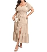 SCOMCHIC Womens Plus Size Maxi Dress Formal Short Sleeve Square Neck Smocked Side Split Flowy A L...