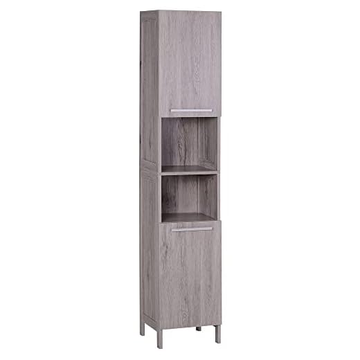 HOMCOM Meuble Colonne Rangement Salle de Bain dim. 30L x 32l x 172H cm 2 placards avec étagère + 2 niches MDF Imitation Bois Gris