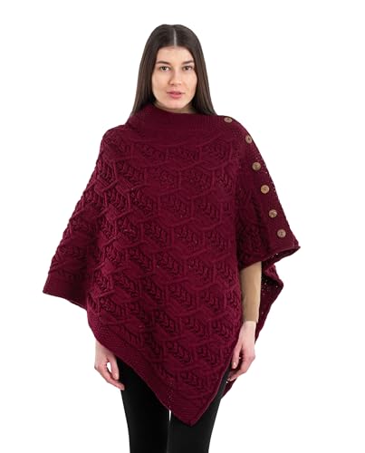 Image of SAOL Aran Poncho 100% Merino Wool for Ladies with Buttons V-Neck Shawl Cardigan