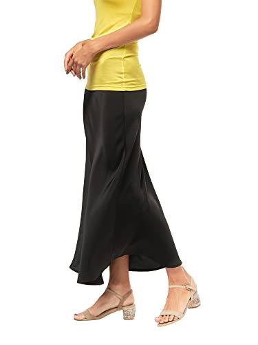 Women s Satin High Waist Midi Skirt - Shiny, Cool & Wrinkle-Resistant Flattering Silk Skirt for Women (Small) Black