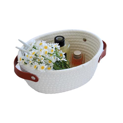 Kamuavni Woven Basket Storage Bins for Bathroom Small Toilet Paper Holder Basket Baby Nursry Basket with Handles for Toys Boho Decor Basket for Plants 9.1x7.1x3.9inch-White