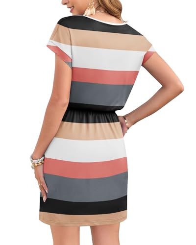 Image of AUSELILY Womens Summer Mini Dress, Short Sleeve V Neck Drawstring Casual | Soft smooth drape with an adjustable drawstring waist for beach, casual outings and daily wear