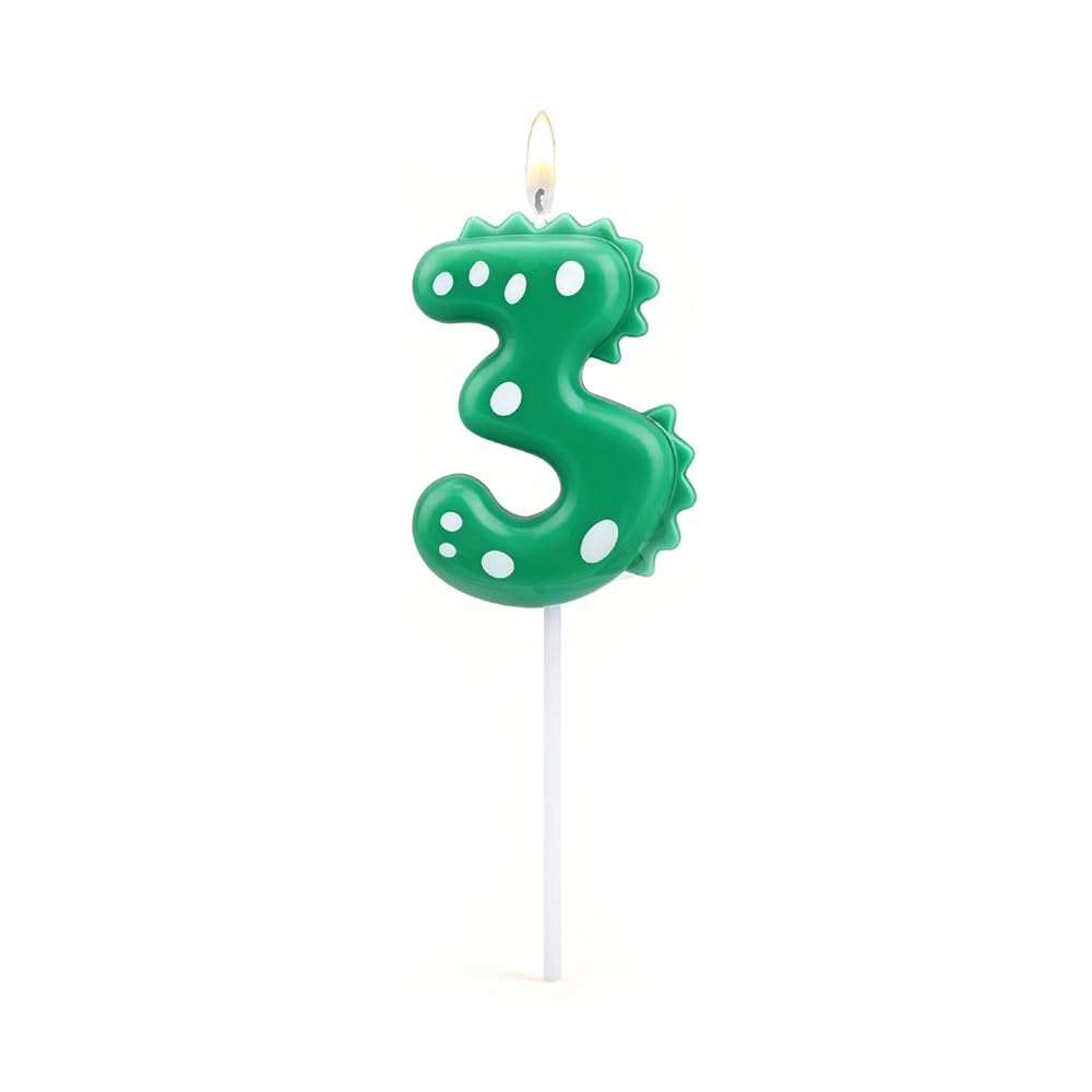 Qiansse Boys Green 1 Piece Dinosaur Number, 3 Candle 3Rd Birthday Cake Candles Dino Cake Topper For Party Decorations 3 Year Old 2.8 Inch​