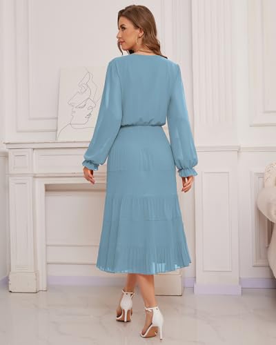 Image of CYiNu Women's Midi Dresses Long Sleeve Crew Neck Flowy Casual Floral Boho Tiered Chiffon Smocked Elegant Dress