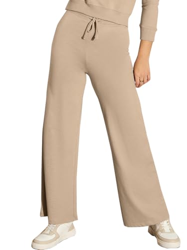 Image of Vogaan Women's Cotton Blend Wide Leg Pants | Drawstring Waist Casual Solid Track Pants for Women