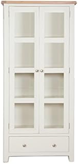 Hobart Ivory Rustic Oak Top Large Glazed Display Cabinet/Solid Oak Top Display Cabinet with 3 Shelves/Living Room Furniture