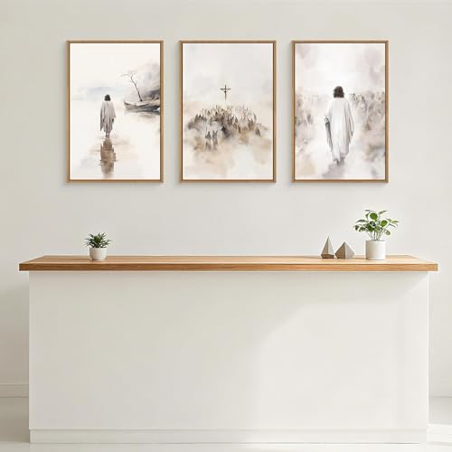 HPNIUB Large Watercolor Religious Christian Framed Canvas Wall Art,Jesus Walking on Water Wall Decor,Jesus Crucified Artwork,Holy Gathering Art Print for Living Room,Bedroom,Office 30X40CM - Image 2
