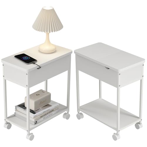 サイドテーブル コンセント付 引き出し付 ナイトテーブル45x25x52cm ベッドサイドテーブル 引き出し付き 収納付 (ホワイト)