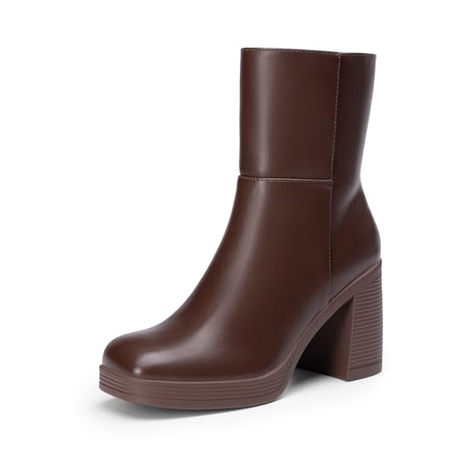 DREAM PAIRS Women's Platform Gogo Ankle Boots Chunky High Heels Square Toe Comfort Party Dress Side Zipper Booties Shoes for Women,Size 8,Brown,SDAB25001W