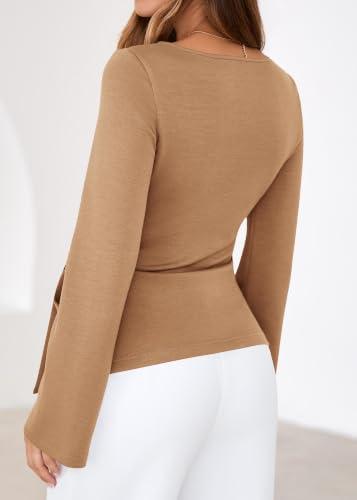 Lazysmile Womens 2026 Spring Long Sleeve Shirts Crewneck Tie Waist Crop Going Out Tops Casual Business Blouses Khaki — view 2