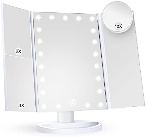 HUONUL Makeup Mirror Vanity Mirror with Lights, 2X, 3X, 10X Magnification, Touch Control, Trifold, White, 9.4" L x 13.4" W, Modern Style, Dresser Mount, Bathroom