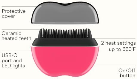 Conair Ceramic Ionic Smoothing Brush, Portable Frizz Control Styling Brush for Shine, 2 Heat Settings up to 360°F, USB-C Rechargeable, Travel-Friendly with Protective Cover, Hot Pink/Black, CR80