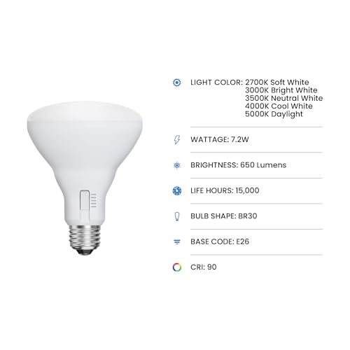 Feit Electric BR30 LED Flood Light Bulb, 65W Equivalent, Dimmable, 5CCT, Adjustable White, 650 Lumens, Indoor/Outdoor Re - Additional View