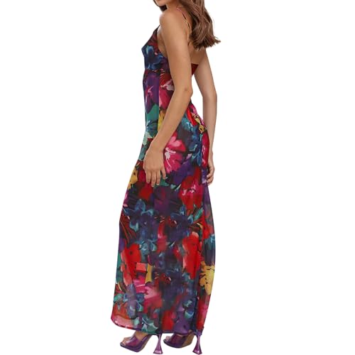 Image of Women's Spaghetti Strap Maxi Dress Floral Print Bodycon Long Dress Summer Beach Vacation Wedding Guest Outfits