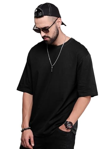 Image of LEOTUDE Half Sleeve Oversized Tshirt for Men, Round Neck Cottonblend Drop Shoulder Solid T-Shirt (Color Multicolor)