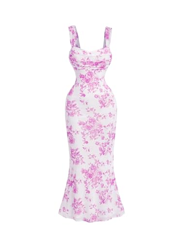 Image of GORGLITTER Women's Floral Summer Wedding Guest Dress Ruched Cocktail Party Bridal Shower Formal Beach Midi Sun Dresses