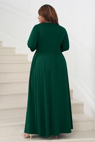 Image of Runwind Plus Size Maxi Dress 3 /4 Sleeve V-Neck Pleated Faux Buttons Pockets | Plus size dress for wedding guest, work, church, pleated front faux buttons, flowy maxi dress enhances elegance