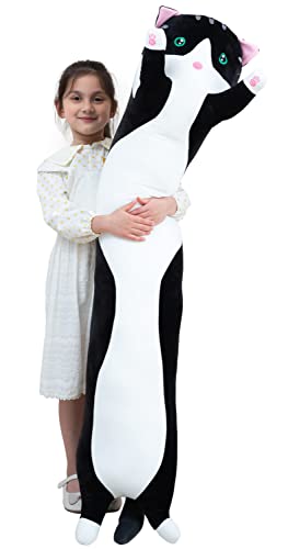 Image of Giant Cat Pillow Plush Cartoon Kitty Sleeping Hugging Pillow, Cuddly Soft Long Kitten Body Pillow Doll Cat Cushion Toy for Kids Girlfriend (Black, 150cm /59inch)