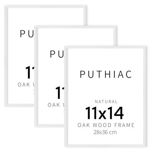 puthiac 11x14 White Oak Wood Picture Frame - Minimalist 11x14 Frame Wood for Wall Art Decor, 11"x14" Natural Solid Wood Poster Frames for Wall Art Photo and Prints (3 Pack, White)