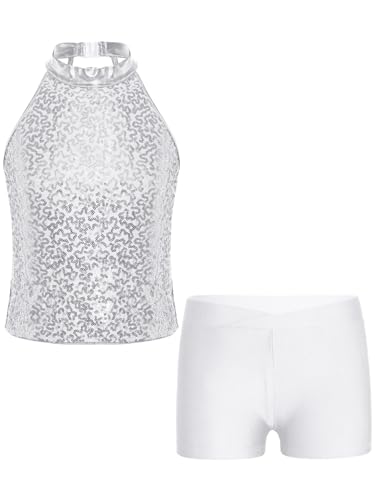 Aislor Kids Girls Halter Sleeveless Sequins Ballet Dance Crop Top with Shorts Set Gymnastics Dancewear Sportswear