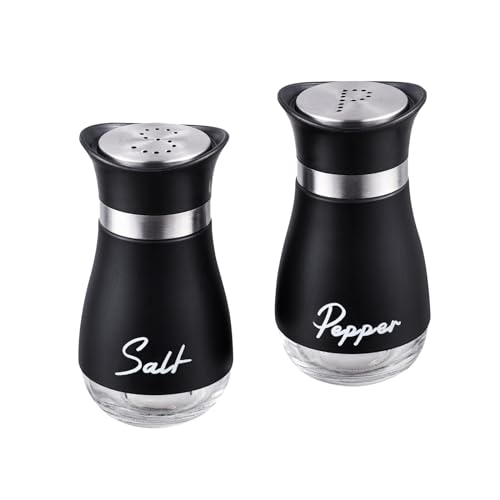 Salero y pimentero, juego de 2 botellas de sal y pimentero, salero con fondo de vidrio transparente con tapa de acero inoxidable, dispensador de especias de cocina, pimentero recargable negro para el