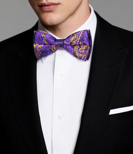 Image of Dubulle Mens Paisley Striped Bowtie Set Pre-tied Bowtie for Men and Pocket Square Set Wedding Business