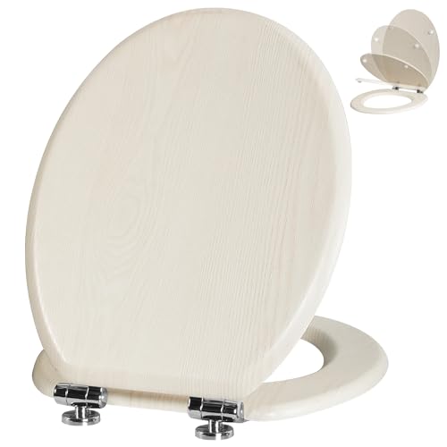 Angel Shield Toilet Seat Antibacterial Wooden Soft Close Toilet Seat with Quick Release Adjustable Hinges Easy Clean and Assembly for Bathroom (Creamy White Oak)
