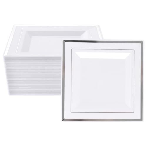 YAYODS Lot de 30 Assiette Plastique Réutilisable 16,5 cm - Assiette Dessert Blanche Carrée avec Bord Argenté - Petite Assiette de Service pour Mariage, Anniversaire, Fête et Buffet