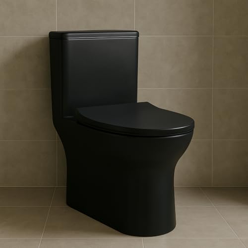 Image of Hindware Italian Collection Cora One Piece Commode for Bathroom | Made of Ceramic | S-220 Trap | Matte Black Finish | 2D Syphonic Flushing | Soft Close Duroplast Seat Cover | 10-Year Warranty