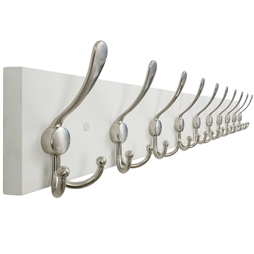 Image of SKOLOO Creations White Solid Wood Wall Mounted Coat Rack, 10 Hooks, 38-1 /8 inch Long - Kitchen, Mudroom, Entryway, Bathroom - Includes Mounting Hardware, Wall Coat Hanger, Towel Rack