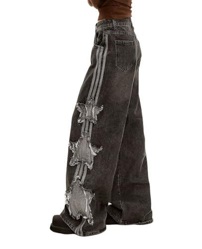 Baggy Jeans for Woman Girls Star Patchwork High Waist Cute Jean Streetwear Loose Pants Grunge Emo Clothing3