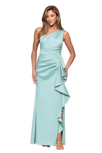 Xscape Women's Mikado One Shoulder Ruffle Draped Floor Length Dress, Sage, 12