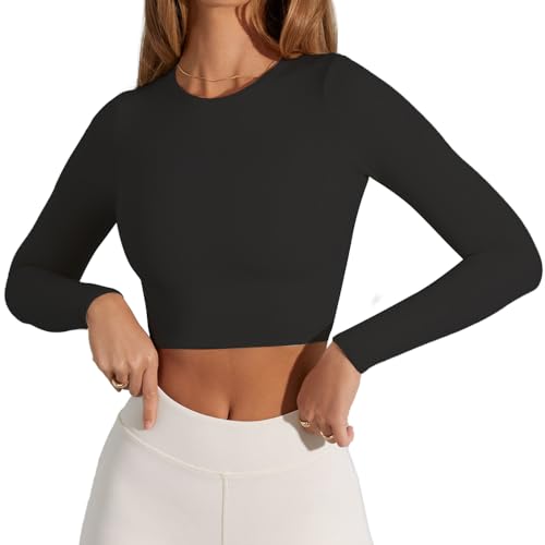 CUHUDA Women's Sexy Crew Neck Crop Top Long Sleeve Basic Fitted Tight Cropped T Shirts Black Small by CUHUDA - Used condition - Image 2