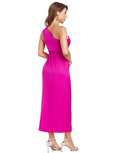 Image of Women's One Shoulder Satin Silk Backless Split Wrap Hem Twist Ruched Summer Party Cocktail Midi Dress