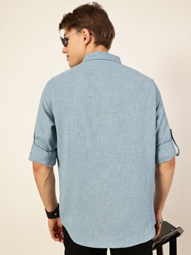 Image of Thomas Scott Men's | Solid | Textured Fabric | Full Sleeve | Slim Fit | Polyester-Blend | Spread Collar | Casual Shirt