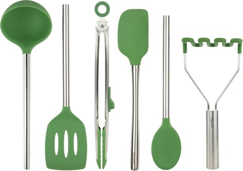 Image of Tovolo Silicone Cooking Utensil Set of 6 Stainless Steel Handle Ladle Slotted Turner Tongs Flex Core Spatula Scraper Mixing Spoon & Potato Masher, Dishwasher Safe BPA Free Utensils, Pesto Green