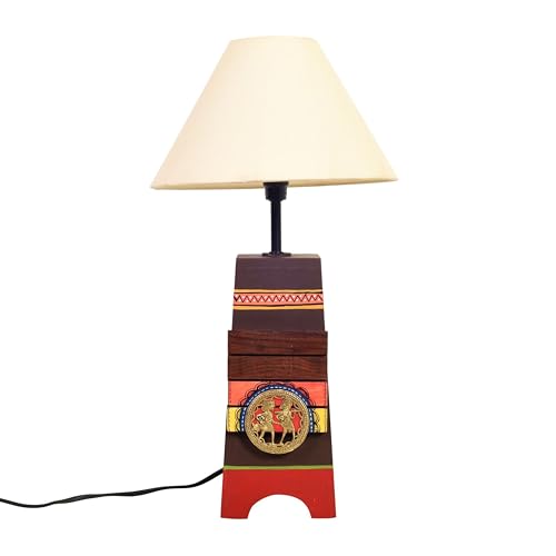 Image of AAKRITI ART CREATIONS MDF Table Lamp for Study Room, Bedroom & Living Room Decoration | Dhokra-Warli Dhokra Tribal Motif Bedside Lamp with Cotton Fabric Shade | Aesthetic Night Lamp