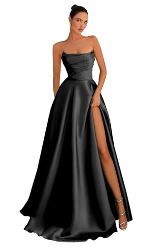BANTRATIC Long Prom Dress Pleated Satin Formal Evening Gowns with Slit Strapless Bridesmaid Dresses for Women