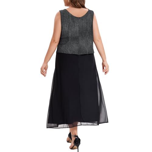 Women's Plus Size Mother of The Bride Suits Tea Length Glimmer Jacket Dress Set Formal Evening Gowns4