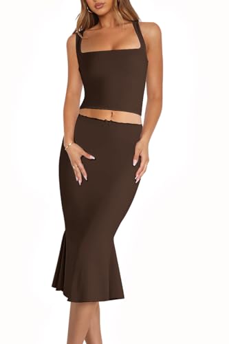 Image of CHYRII Womens Two Piece Sets Sleeveless Squre Neck Cropped Top Bodycon Midi Skirt Midi Dress Outfit
