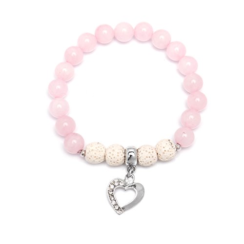 Bivei Lava Rock Stone Essential Oil Diffuser Bracelet Heart Love Women Gemstone Round Beads Crystal Bracelet(Rose Quartz)