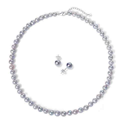 YAMI Saltwater Cultured Pearl Necklace Earring Bracelet Set for Women Gift Round Gray