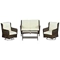 Outsunny 4 Piece PE Rattan Outdoor Patio Furniture Set, Wicker Conversation Set with 2 Swivel Rocking Chairs, 2-Tier Glass Table and Loveseat for Garden, Patio, Poolside, Cream White