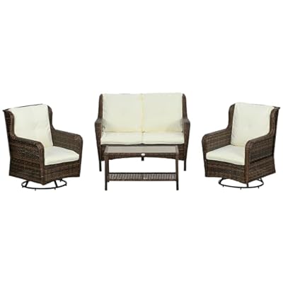 Outsunny 4 Piece PE Rattan Outdoor Patio Furniture Set, Wicker Conversation Set with 2 Swivel Rocking Chairs, 2-Tier Glass Table and Loveseat for Garden, Patio, Poolside, Cream White