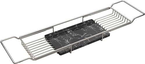 バスタブトレー ステンレス 伸縮60-100CM お風呂テーブル かびない バスタブラック 浴槽物置台 バスタブテーブル 浴槽上トレイ 浴槽スタンド 入浴剤収納 水切り シンク上 スマホ タブレット用 大容量 (銀・黒大理石,長さ60-100cm*17幅*