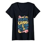 Womens Retro Fourth Grade Dream Team Back to School Teacher Student V-Neck T-Shirt
