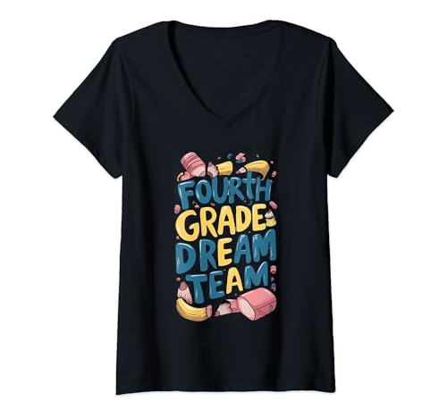 Womens Retro Fourth Grade Dream Team Back to School Teacher Student V-Neck T-Shirt