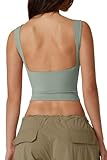 QINSEN Womens Sleeveless Double Lined Tank Tops High Neck Open Back Crop Tees Summer Y2K Tops Smoke Green M